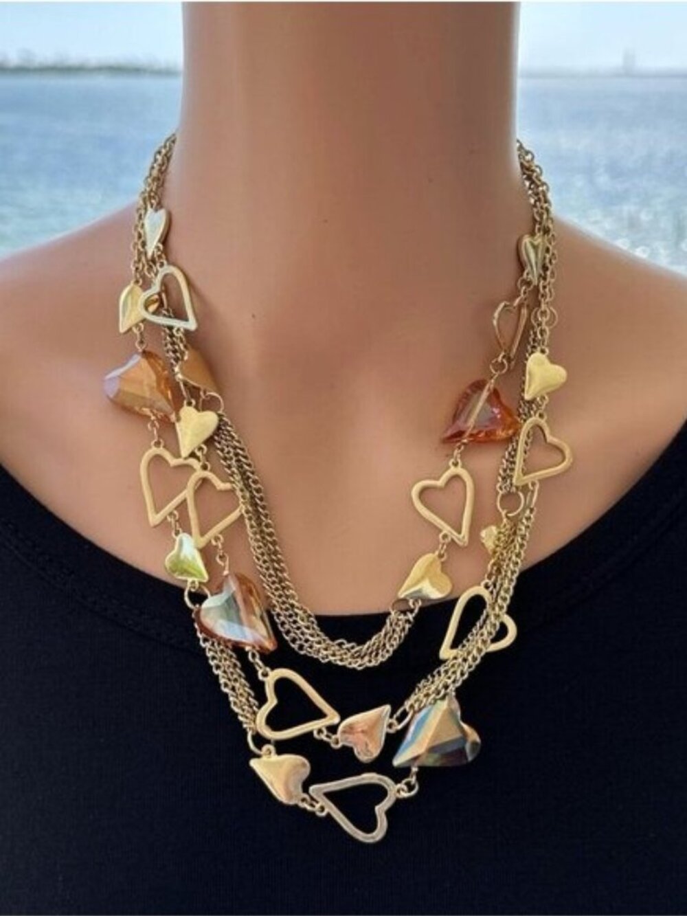 Traci Lynn Necklace Hearts of Fire Gold Tone Multi Strand Layered NEW